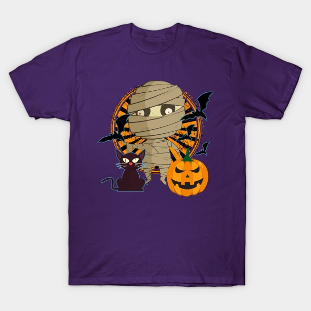 Mummy Cat Pumpkin Bats Halloween T-Shirt by letnothingstopyou